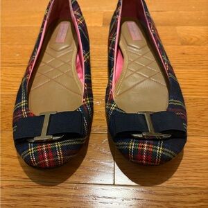 Isaac Mizrahi Navy and Red Plaid Flats with Bow